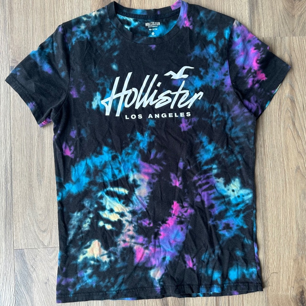 Hollister Mens Tie Dye Graphic T-Shirt Blue Purple Black Logo Size M